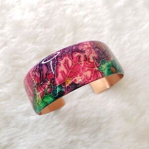 VINTAGE Jewel Tones Abstract Floral Print Copper Cuff Bracelet